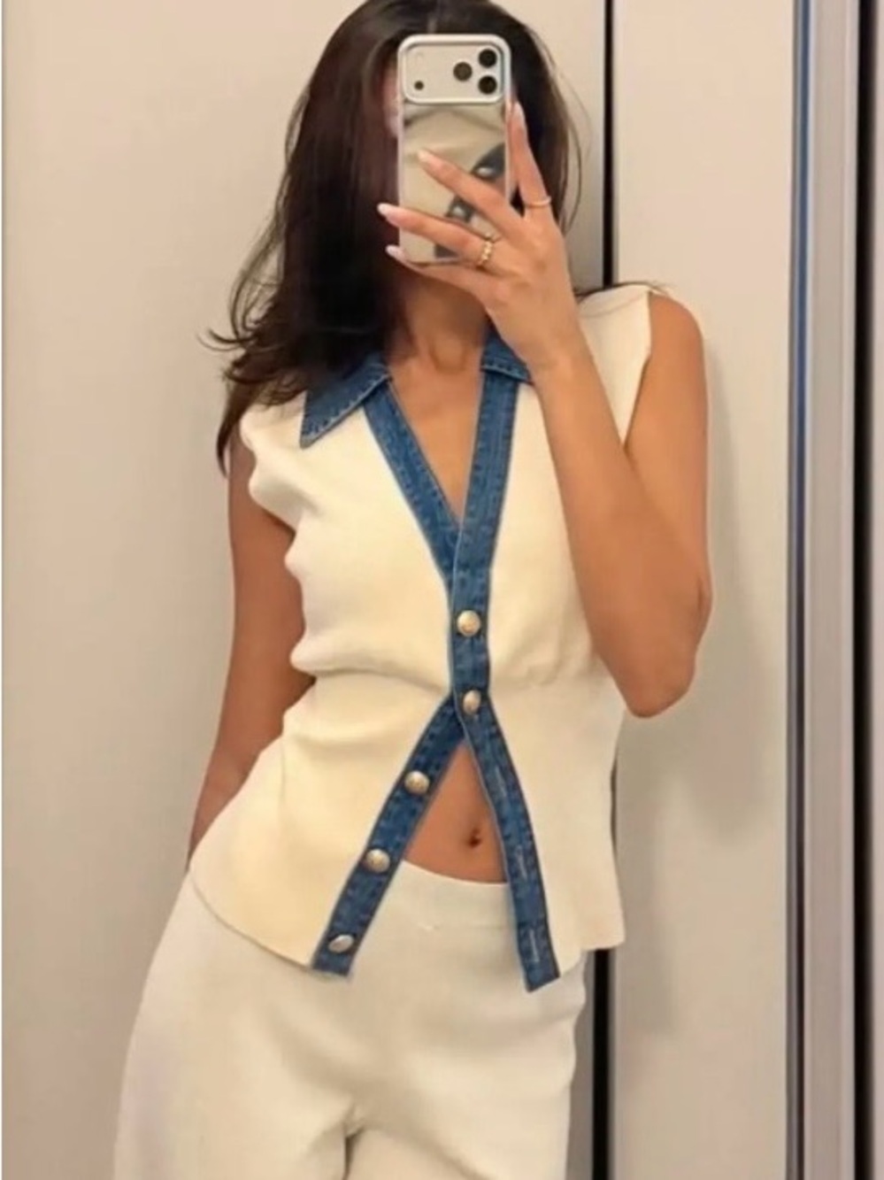 Commense Cream Knit Vest with Blue Denim Trim - Picture 2 of 14